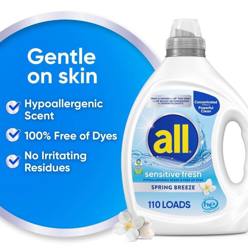 all sensitive fresh™, Spring Breeze, Scented Liquid Laundry Detergent for Sensitive Skin, Hypoallergenic, Free of Dyes, Concentrated, 82.5oz, 110 Loads - Image 4